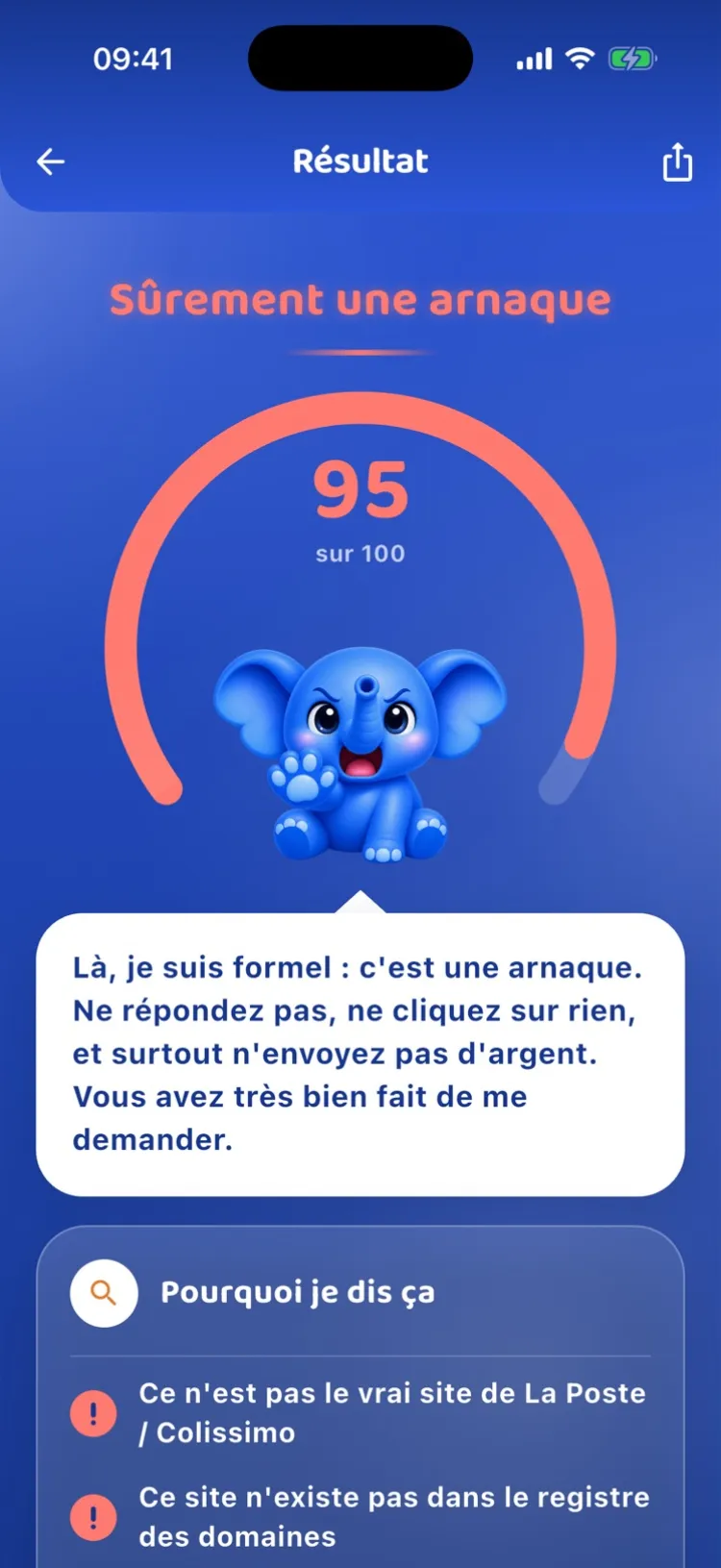 Résultat d'une analyse dans Bimo : « Sûrement une arnaque », score de 95 sur 100, et la liste des indices trouvés