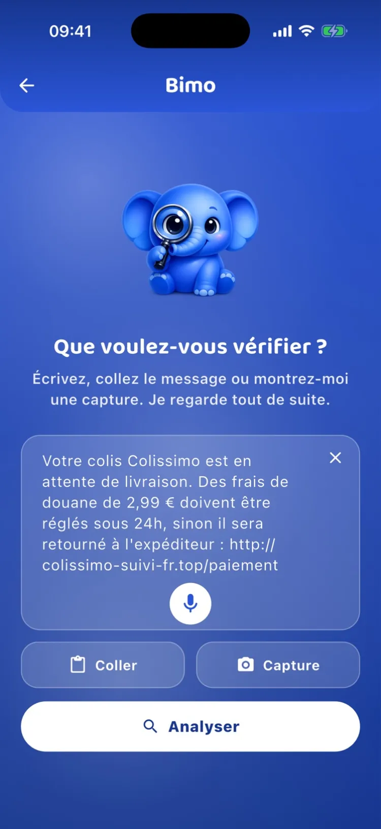 Écran de vérification de Bimo : « Que voulez-vous vérifier ? », avec un SMS collé et les boutons Coller, Capture et Analyser