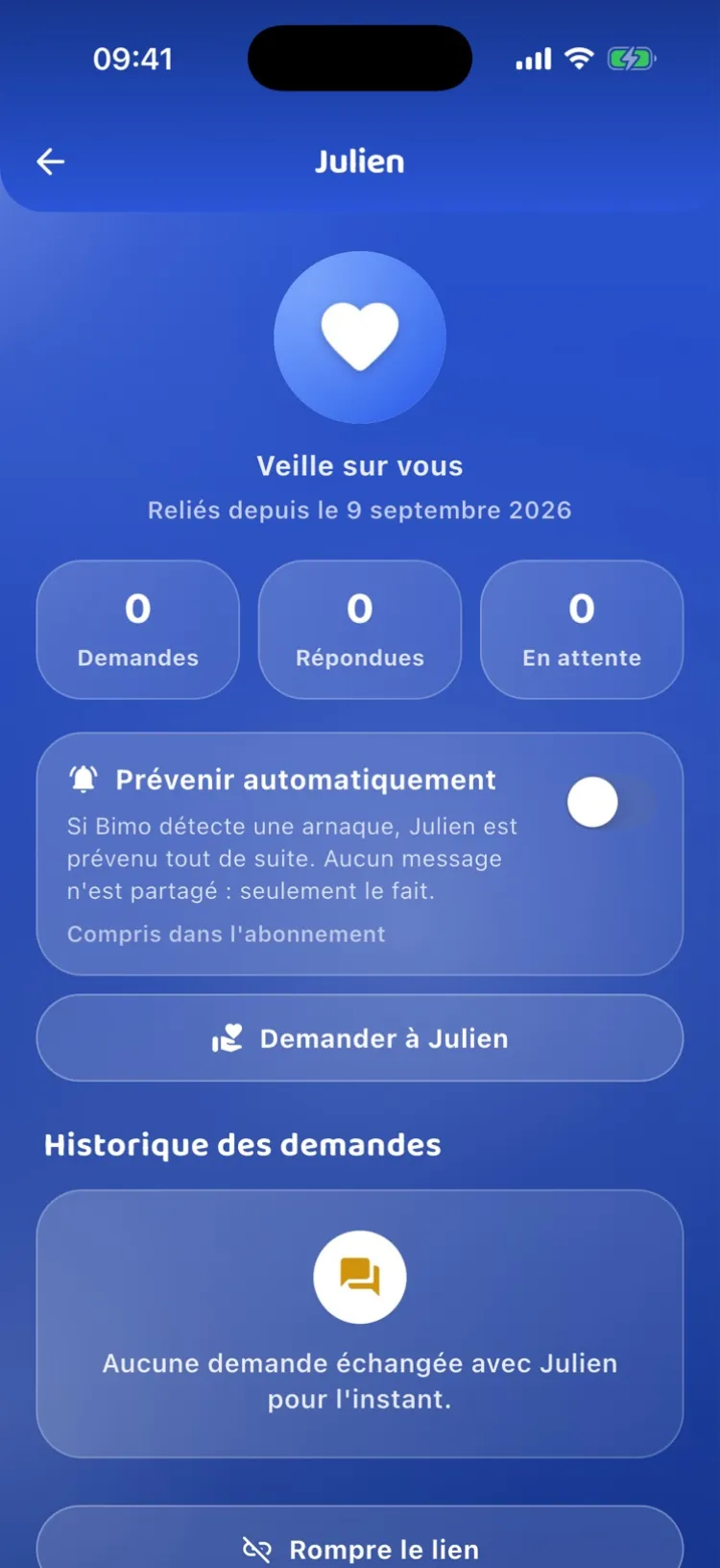 Fiche d'une personne de confiance dans Bimo : « Veille sur vous », demandes d'avis et historique des demandes